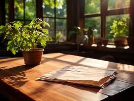 paper on the wooden table, real photography with smooth lighting and sun light AI generate photo