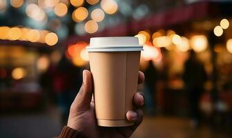 hand holding paper coffee cup generated by AI photo