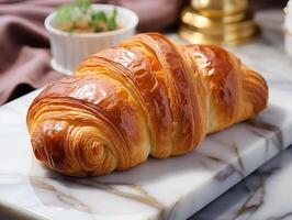 photography of french croissant on the white marble table AI generated photo