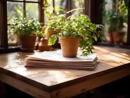 paper on the wooden table, real photography with smooth lighting and sun light AI generate photo