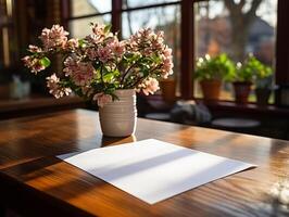 paper on the wooden table, real photography with smooth lighting and sun light AI generate photo