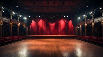 theater stage, with red curtain, wooden floor, chairs and lighting AI generative photo