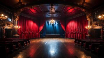 teatro escenario, con rojo cortina, de madera piso, sillas y Encendiendo ai generativo foto