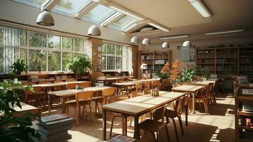 school class in daylight. Clean interior with whiteboard, drawer, chairs and tables AI generative photo