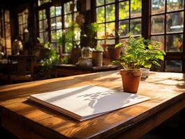 papel en el de madera mesa, real fotografía con suave Encendiendo y Dom ligero ai generar foto