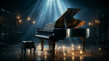 an old grand piano in the middle of dark blank room with god rays light it up AI generate photo