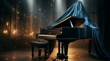 an old grand piano in the middle of dark blank room with god rays light it up AI generate photo