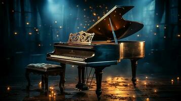 an old grand piano in the middle of dark blank room with god rays light it up AI generate photo