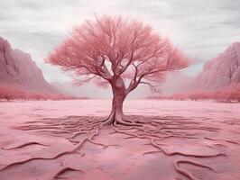 panoramic picture of a baby pink leafed tree in the middle of red utopia desert photo