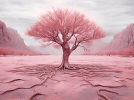 panoramic picture of a baby pink leafed tree in the middle of red utopia desert AI generative photo