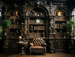 a photography of classical wooden library, insane detail AI generative photo