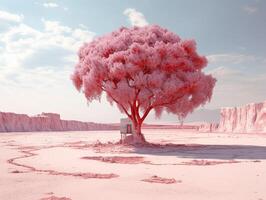 panoramic picture of a baby pink leafed tree in the middle of red utopia desert AI generative photo