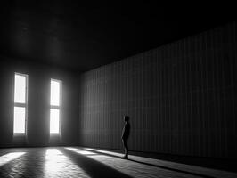 black and white picture of a silhouette in the empty room photo