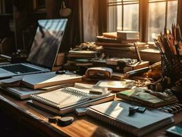 stationaries with laptop on chaotic work desk, sun light, insane detail AI generative photo