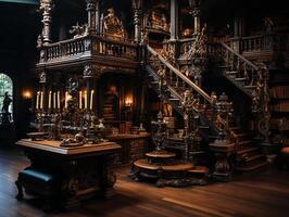 a photography of classical wooden library, insane detail AI generative photo