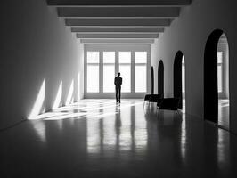 negro y blanco imagen de un silueta en el vacío habitación generativo ai foto
