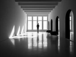 black and white picture of a silhouette in the empty room photo