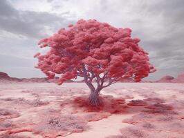 panoramic picture of a baby pink leafed tree in the middle of red utopia desert AI generative photo