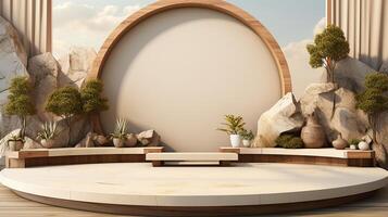 Podium background with cream color tone japanese style made by photo