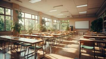 school class in daylight. Clean interior with whiteboard, drawer, chairs and tables AI generative photo