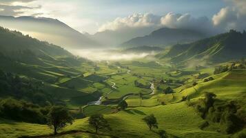 Panoramic photo of a green lush valley on a late afternoon, seems majestic AI generative
