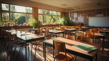 school class in daylight. Clean interior with whiteboard, drawer, chairs and tables AI generative photo