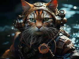 photography of steam punk cat in sea, insane detail AI generative photo