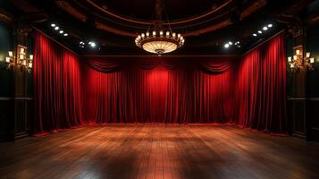 teatro escenario, con rojo cortina, de madera piso, sillas y Encendiendo ai generativo foto