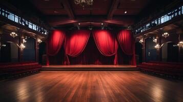 teatro escenario, con rojo cortina, de madera piso, sillas y Encendiendo ai generativo foto