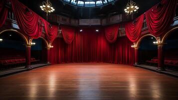 theater stage, with red curtain, wooden floor, chairs and lighting AI generative photo