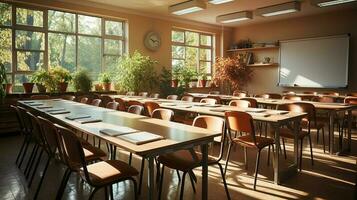 colegio clase en luz. limpiar interior con pizarron, cajón, sillas y mesas ai generativo foto