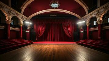 theater stage, with red curtain, wooden floor, chairs and lighting AI generative photo