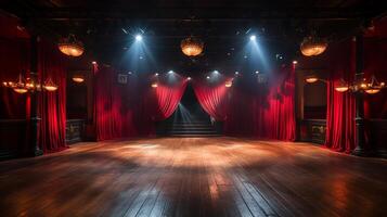 teatro escenario, con rojo cortina, de madera piso, sillas y Encendiendo ai generativo foto