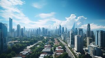 ciudad panorama con rascacielos edificios, luz hecho por ai generado foto