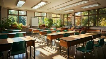 school class in daylight. Clean interior with whiteboard, drawer, chairs and tables AI generative photo