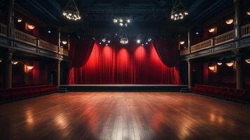 teatro escenario, con rojo cortina, de madera piso, sillas y Encendiendo ai generativo foto