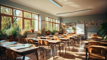 school class in daylight. Clean interior with whiteboard, drawer, chairs and tables AI generative photo