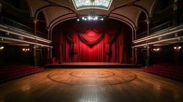 theater stage, with red curtain, wooden floor, chairs and lighting AI generative photo