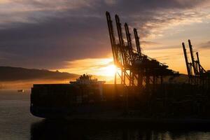 Panoramic skyline view of Vancouver international industrial port with freight and shipment docks photo