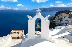 Greece, Greek Islands cruise, scenic panoramic sea views from top outlook of Oia photo