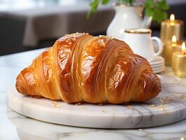 photography of french croissant on the white marble table AI generated photo