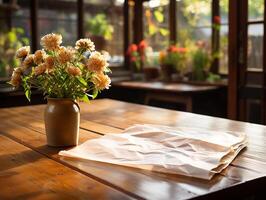 paper on the wooden table, real photography with smooth lighting and sun light AI generate photo