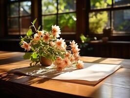 paper on the wooden table, real photography with smooth lighting and sun light AI generate photo