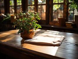 paper on the wooden table, real photography with smooth lighting and sun light AI generate photo