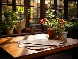 paper on the wooden table, real photography with smooth lighting and sun light AI generate photo