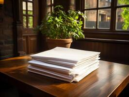 paper on the wooden table, real photography with smooth lighting and sun light AI generate photo