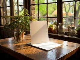 paper on the wooden table, real photography with smooth lighting and sun light AI generate photo