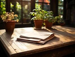 paper on the wooden table, real photography with smooth lighting and sun light AI generate photo