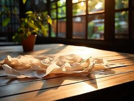 paper on the wooden table, real photography with smooth lighting and sun light AI generate photo