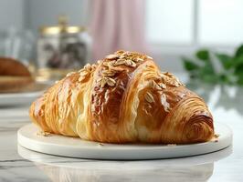 photography of french croissant on the white marble table AI generated photo